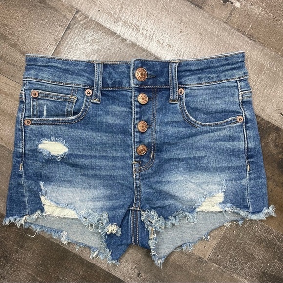 American Eagle Distressed Button Fly Hi-Rise Shortie 00 - Picture 1 of 12